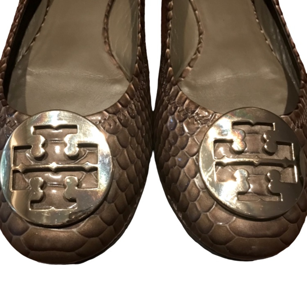 EUC Tory Burch ‘Reva’ Taupe Snakeskin Print Leather Ballet Flats Logos Size 11 M
